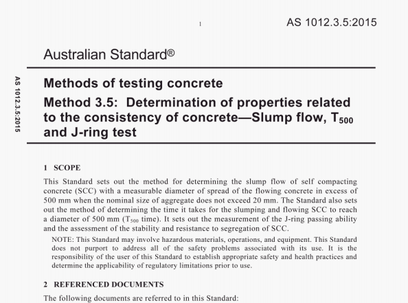 AS 1012.3.5:2015 pdf – Methods of testing concrete Method 3.5: Determination of properties related to the consistency of concrete-Slump flow,T500 and J-ring test