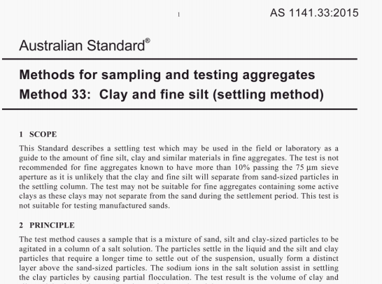 AS 1141.33:2015 pdf – Methods for sampling and testing aggregates Method 33: Clay and fine silt (settling method)