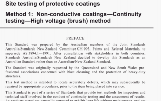 AS 3894.1:2002 pdf – Site testing of protective coatings Method 1: Non-conductive coatings- – Continuity testing- High voltage (‘brush’) method .