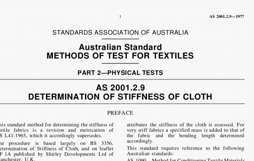 AS 2001.2.9:1997 pdf – DETERMINATION OF STIFFNESS OF CLOTH