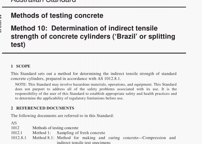 AS 1012.10:2000 pdf – Methods of testing concrete Method 10: Determination of indirect tensile strength of concrete cylinders (‘Brazil’ or splitting test)